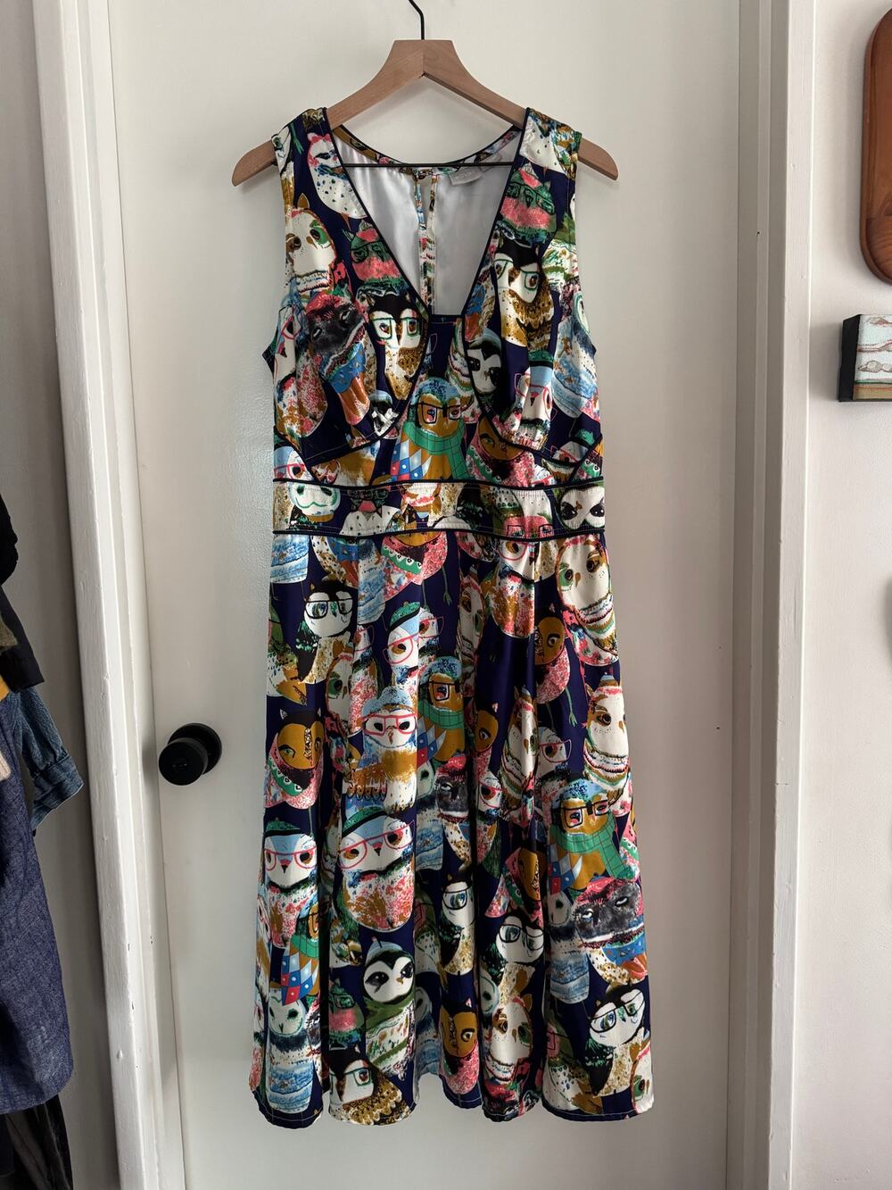 Colorful OWLS custom ESHAKTI satin sleeveless midi dress